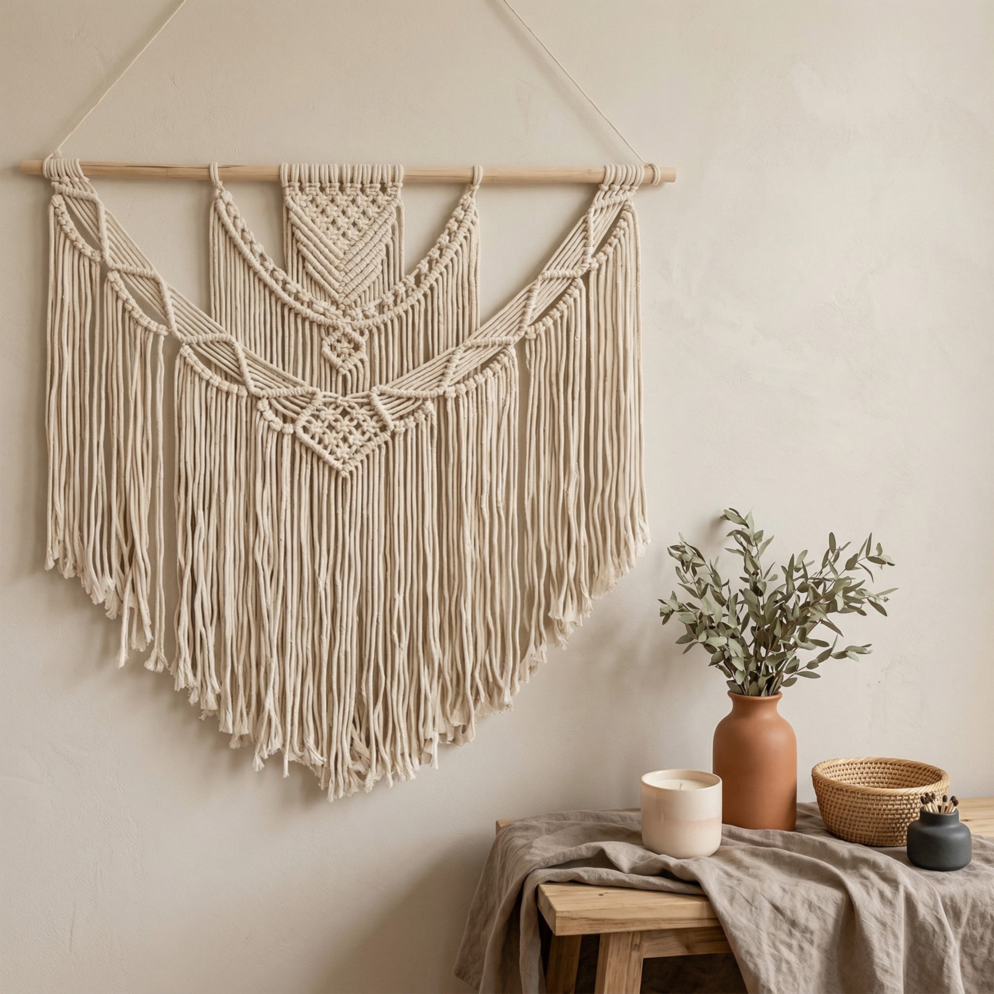 Large boho macrame wall hanging shown next to furniture to visualize scale