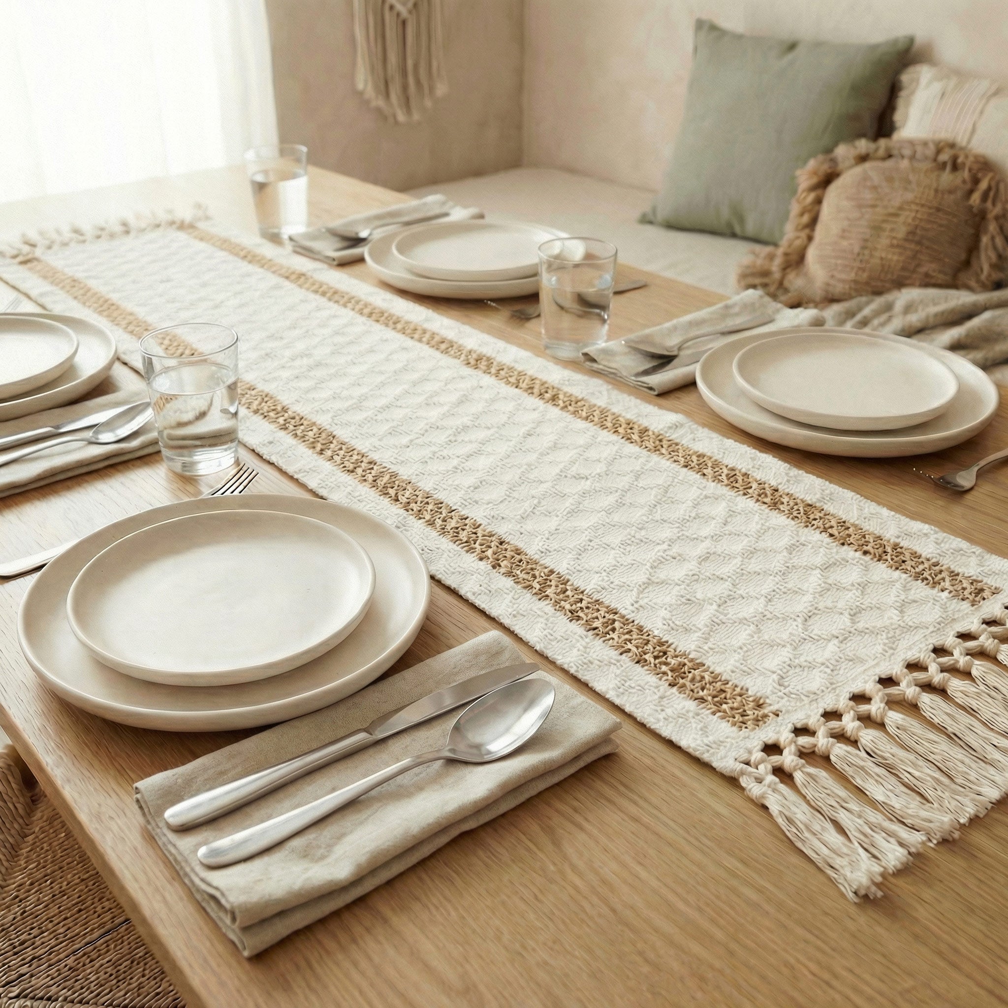 Full side view of a natural cotton and linen table runner draped over a dining table
