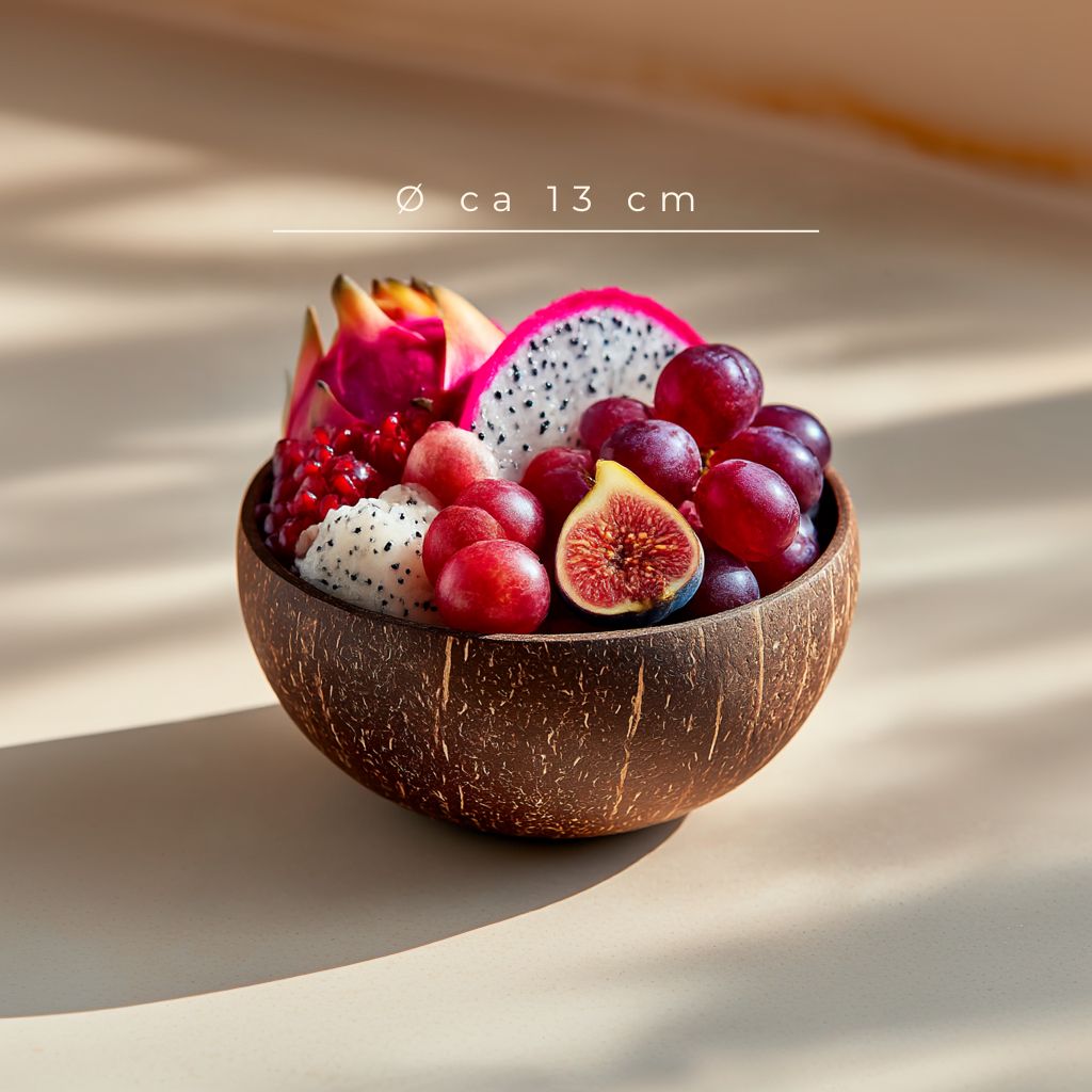 Large natural coconut bowl filled with fresh tropical fruits to show scale