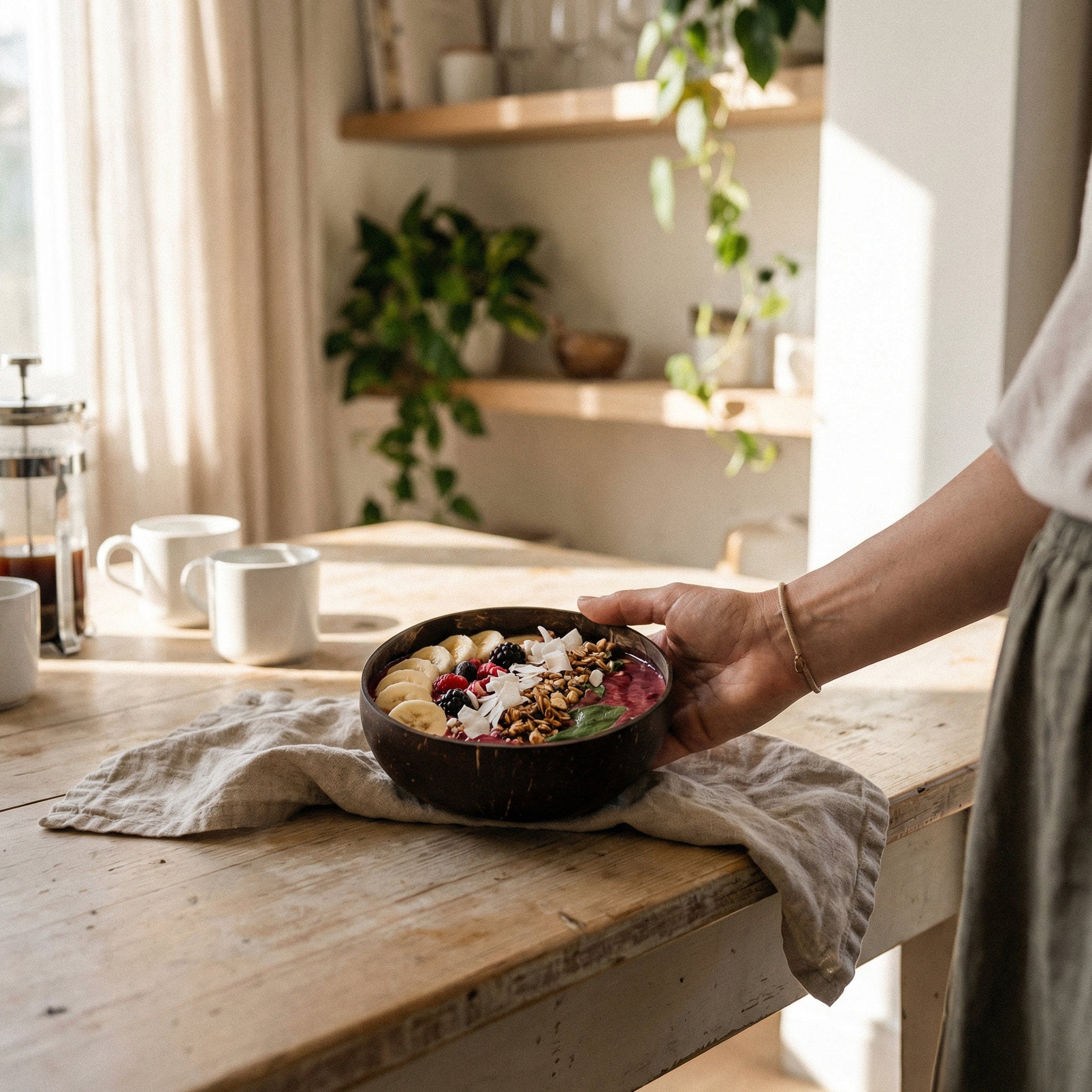 Two Polished Natural Coconut Bowls for Smoothies and Buddha Bowls