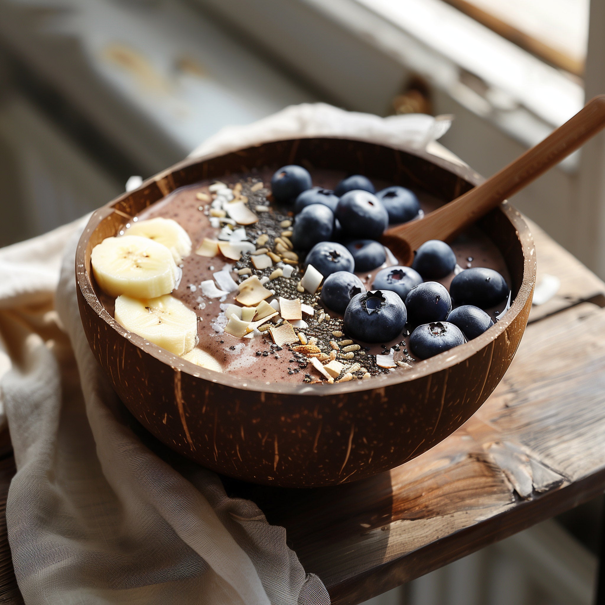 Fresh fruit smoothie served in a natural coconut bowl, front view