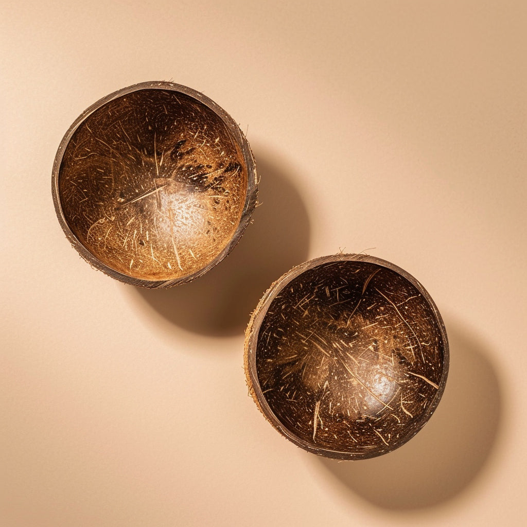 Top down view of a set of two handcrafted coconut bowls