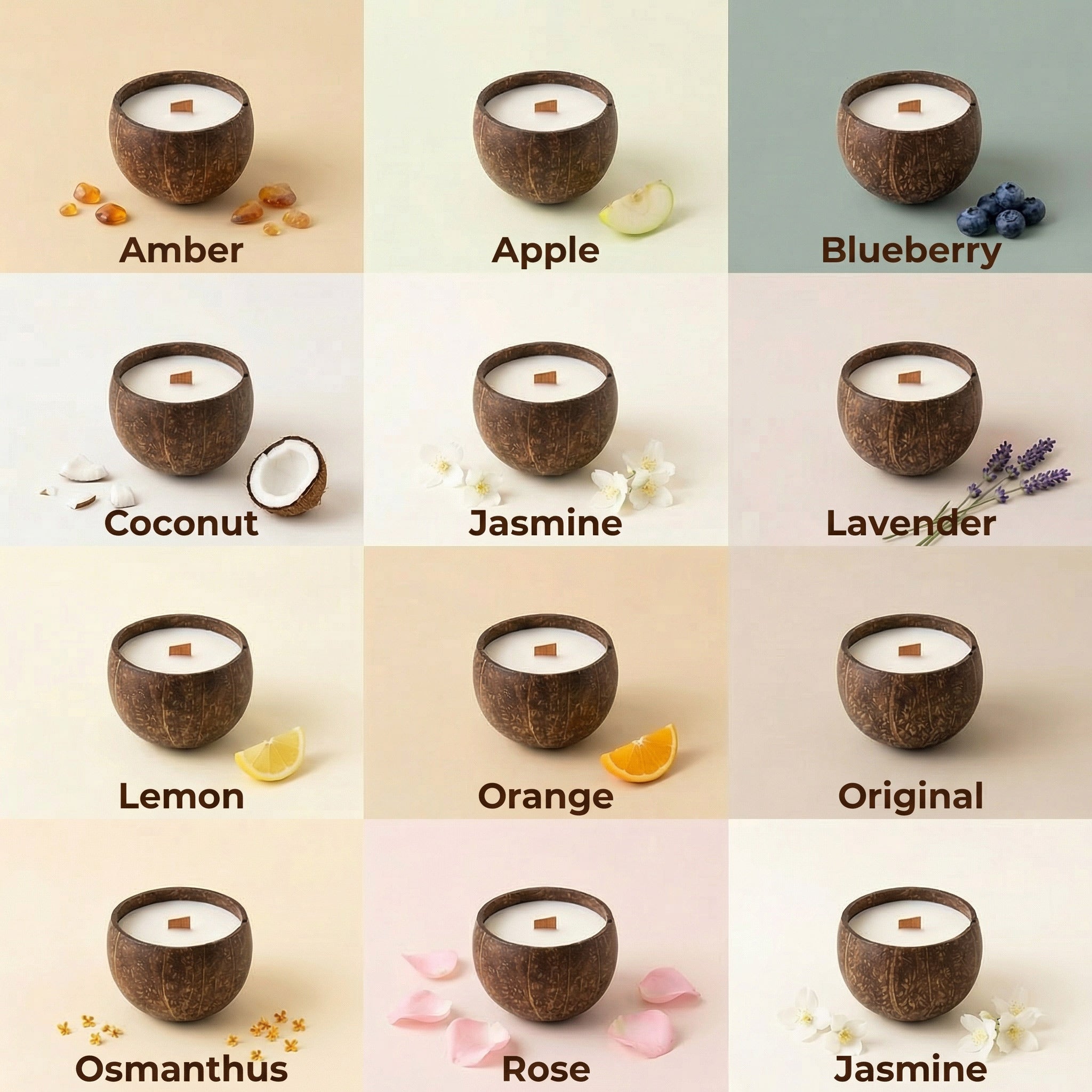 Variety of eco-friendly coconut shell candles in different scents