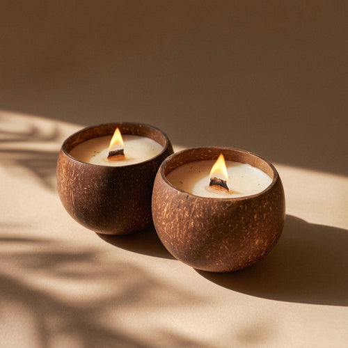 Handmade natural coconut wax candle in a reclaimed shell, minimalist view