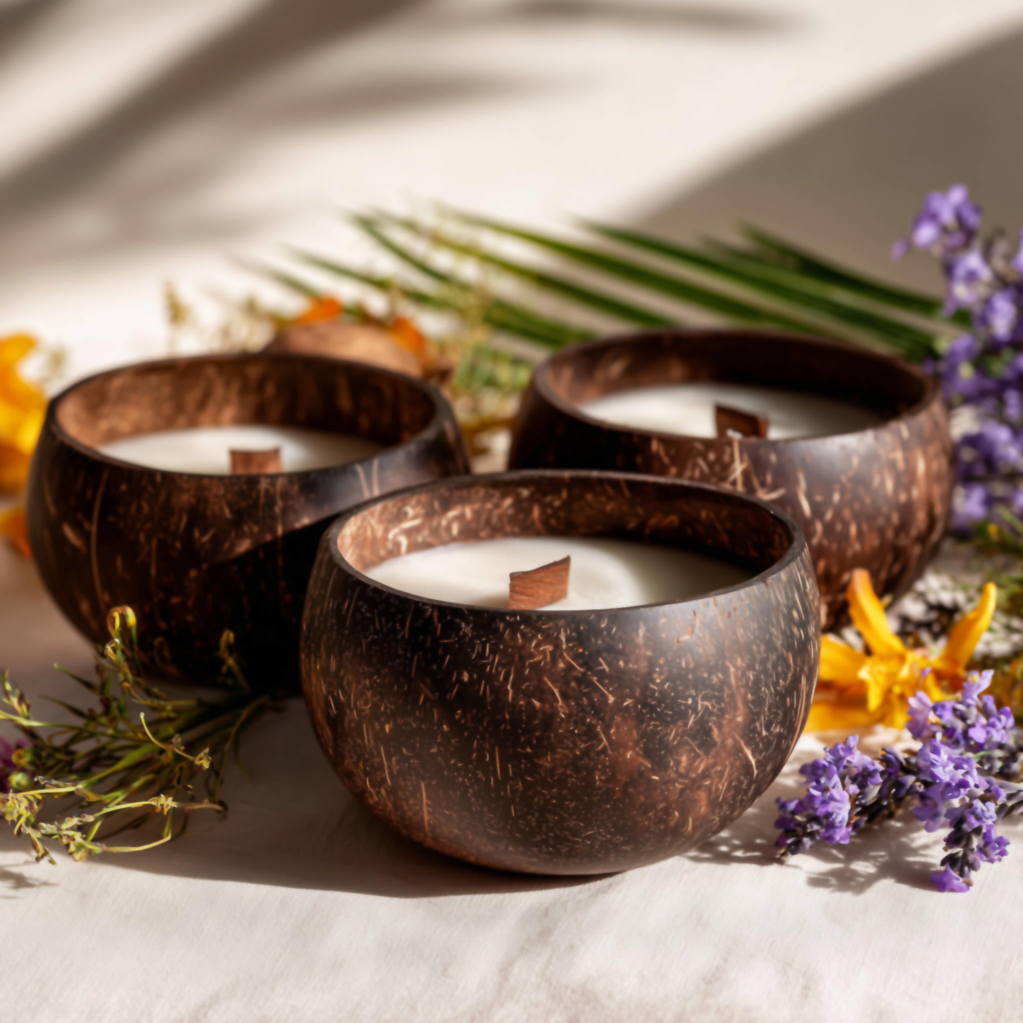 Three eco-friendly coconut wax candles in natural shells with floral decor on a white surface.