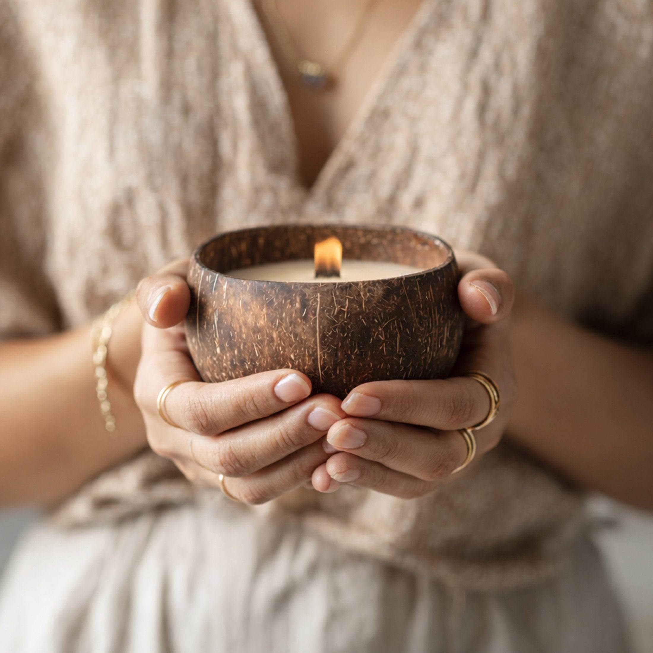 Handmade coconut wax candle in a natural shell held by a woman, cozy home decor