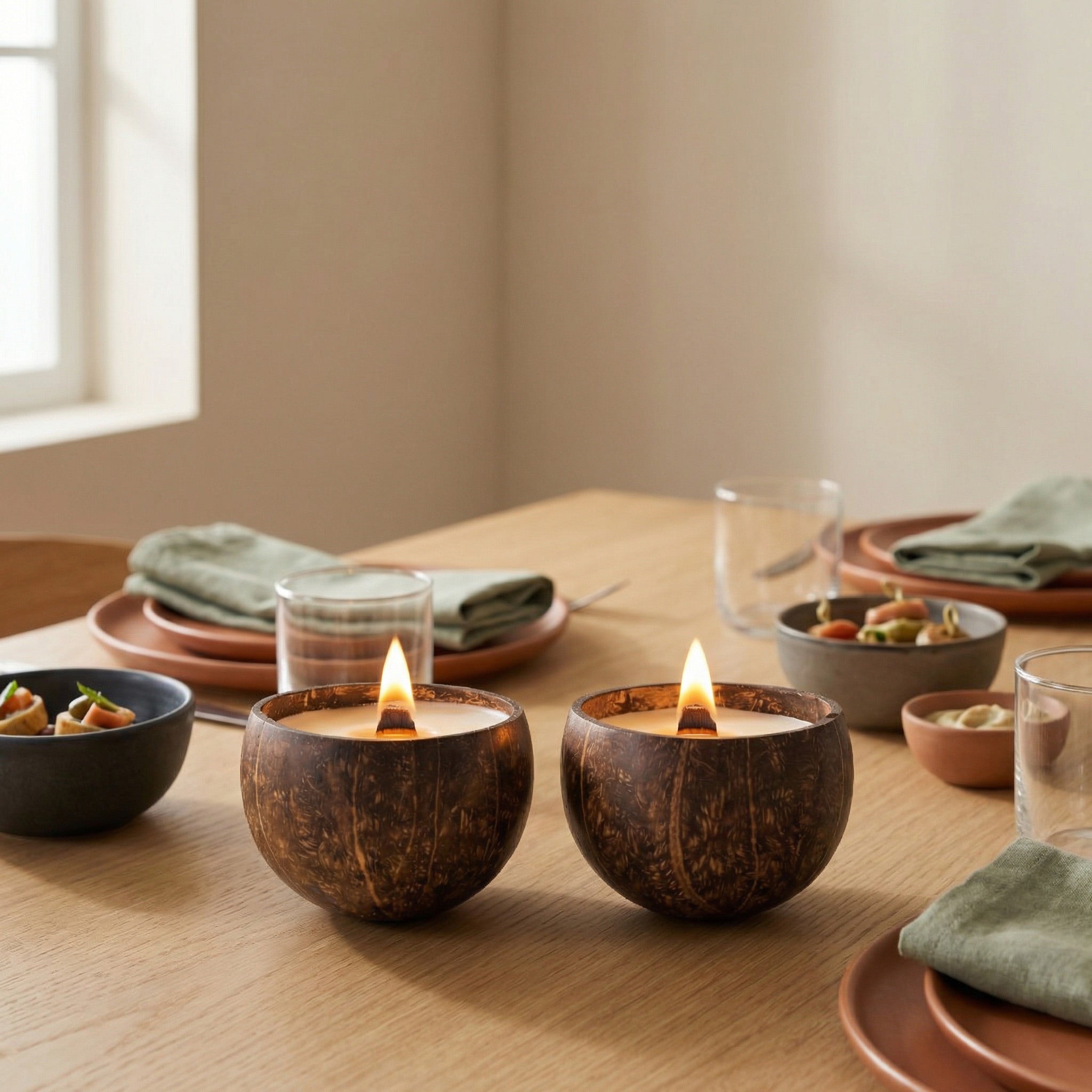 Natural coconut shell candle as a cozy dining table centerpiece for eco-friendly decor.