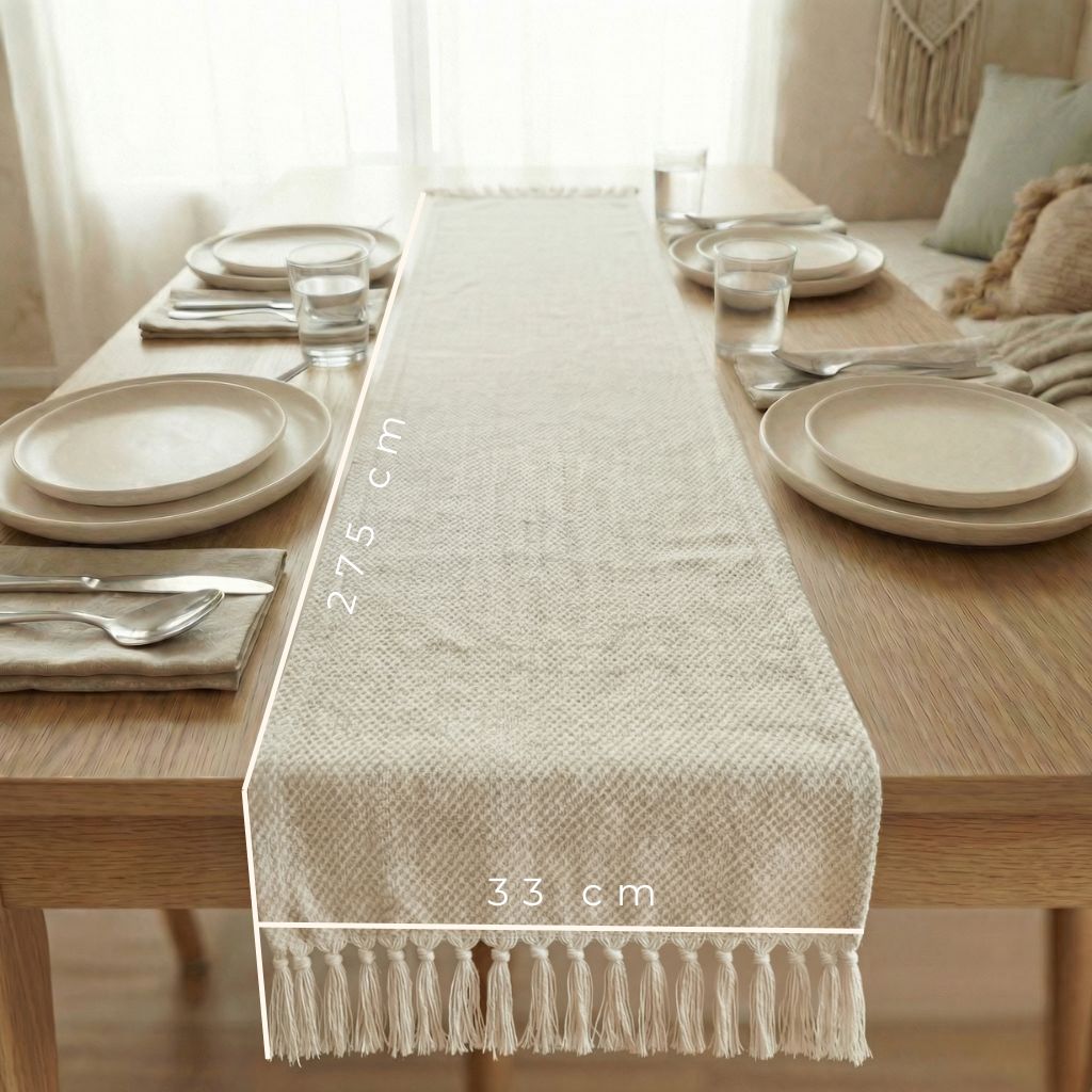 Full length view of a cotton table runner with tassels to show size on a standard dining table