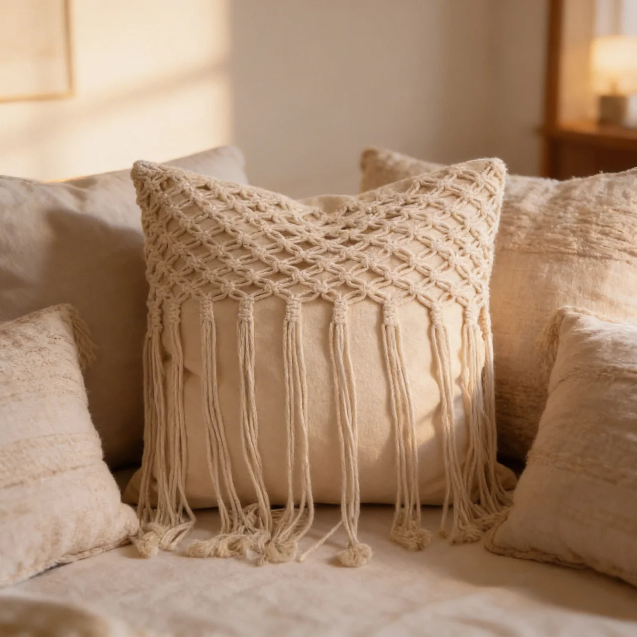 Large hand-woven pillowcase with decorative tassels in a cozy boho bedroom setting