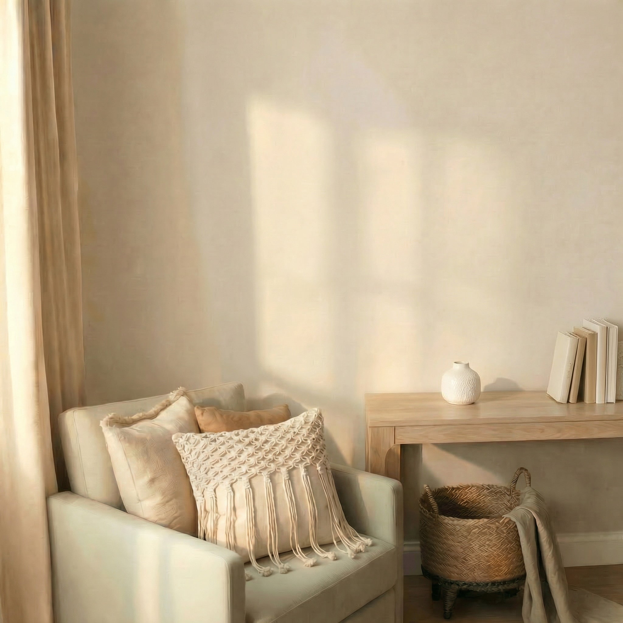 Cozy boho living room setup featuring a textured hand-woven pillowcase with tassels