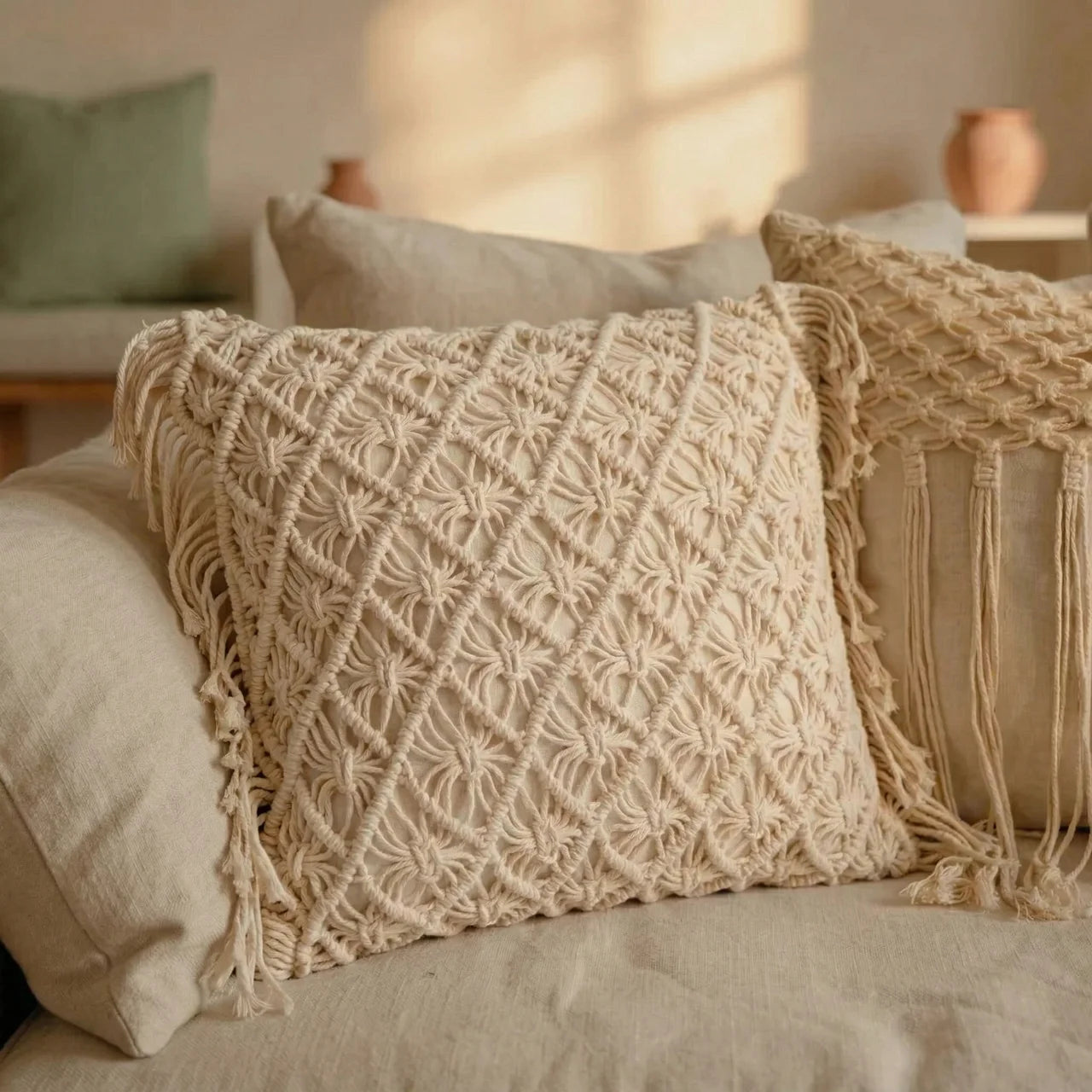 Variety of hand-woven tassel pillowcases in different natural patterns