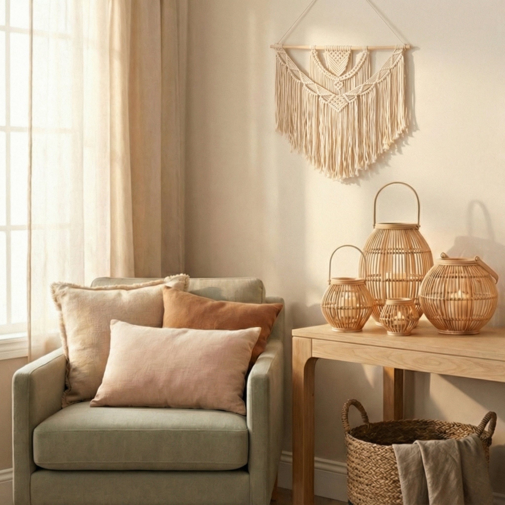 Side view of a cream large handmade macrame wall hanging in a cozy interior.