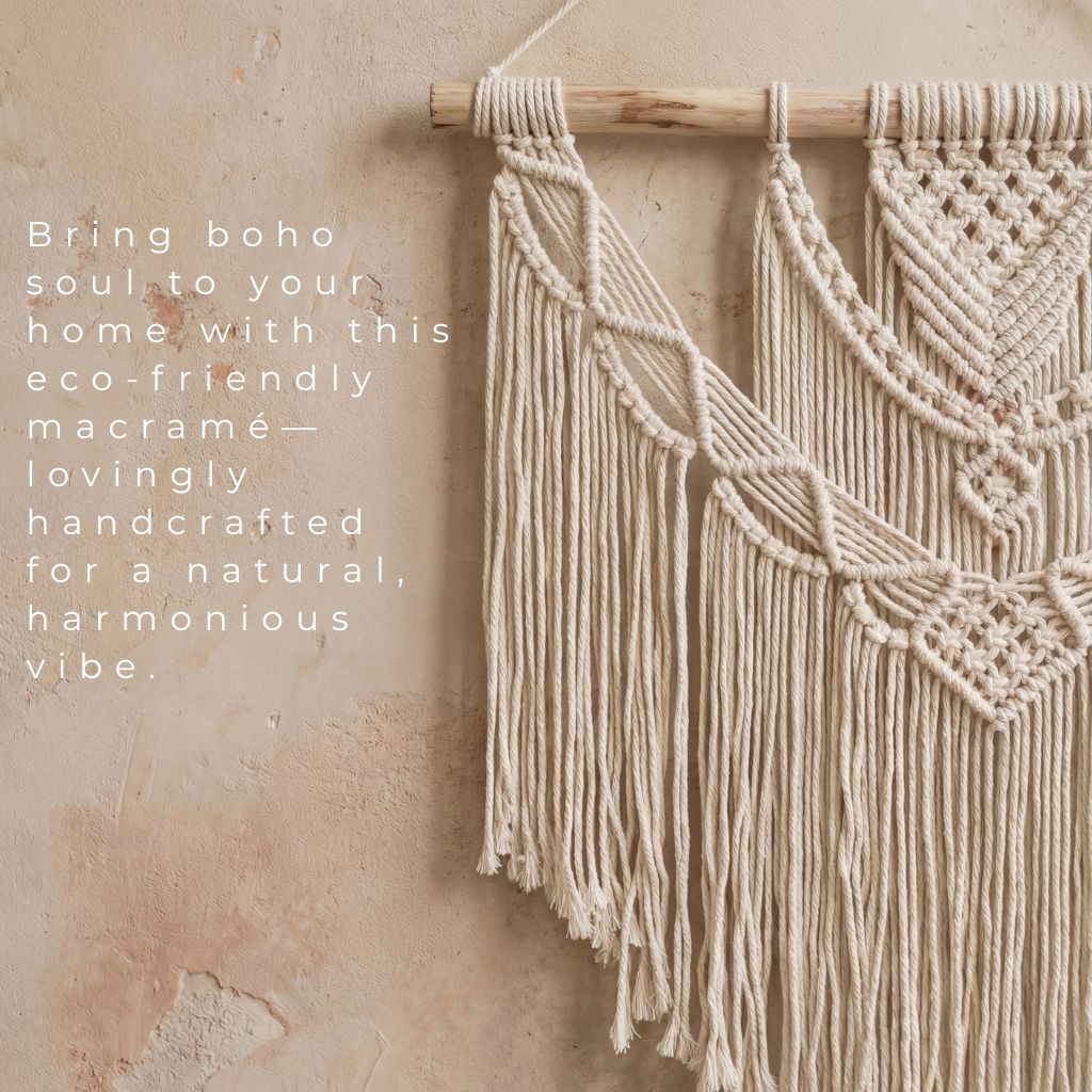Large handmade boho macrame wall hanging made from eco-friendly recycled cotton