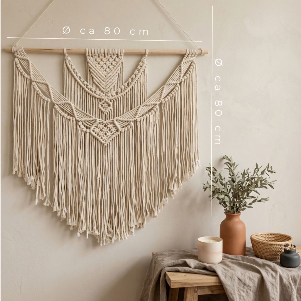 Large boho macrame wall hanging shown next to furniture to visualize scale