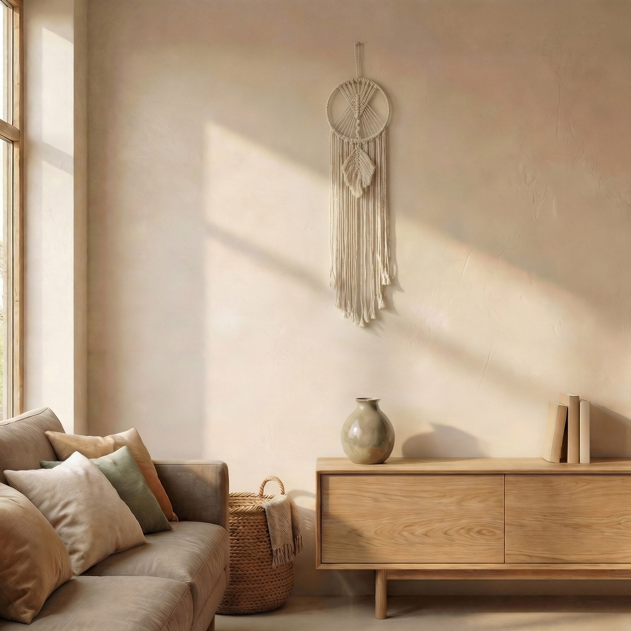 Cozy boho atmosphere featuring a small handmade macrame wall hanging in soft sunlight