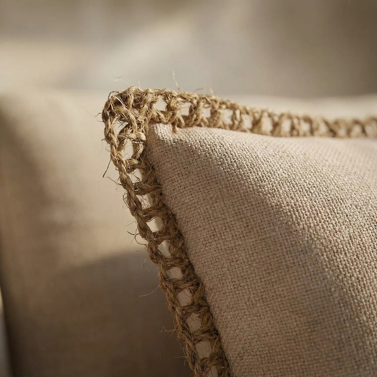 Detailed view of natural hemp fibers and rustic rope wrapping on a folded pillowcase