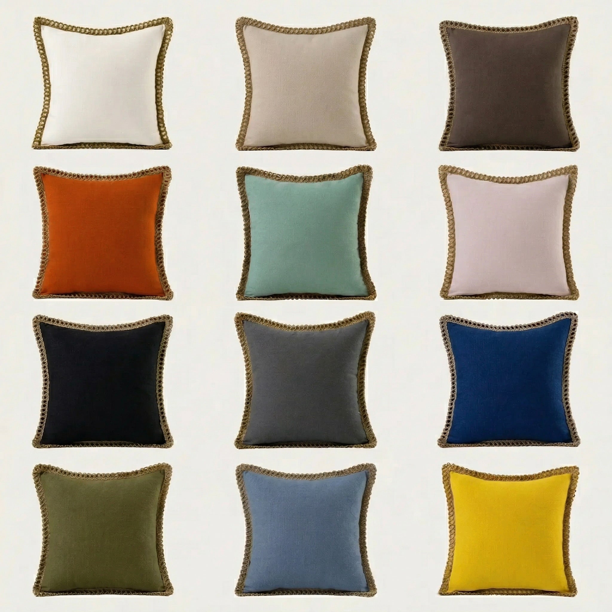 Flat lay of organic hemp pillowcases in various natural colors wrapped with rope