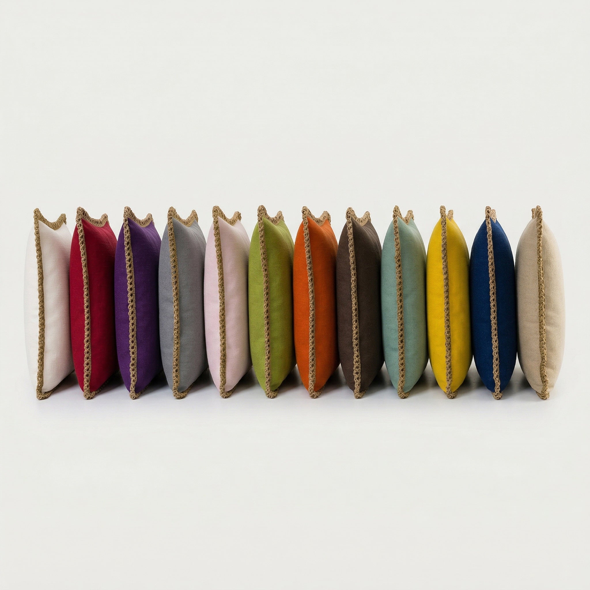 Color palette of eco-friendly hemp fabric pillowcases wrapped with organic rope