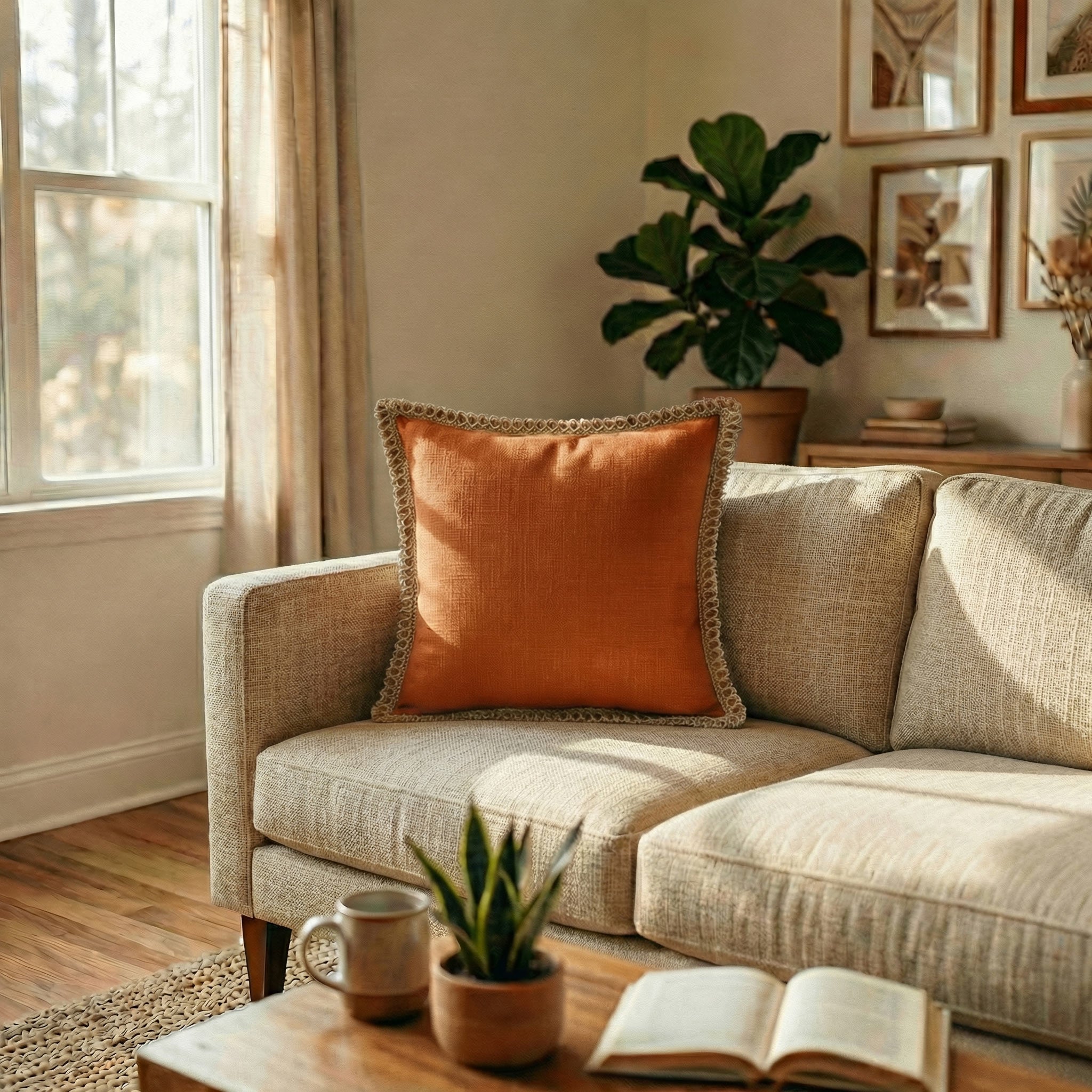 Rust red hemp pillowcase wrapped with rope in a cozy, aesthetic living room setting