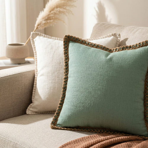 Close-up of a natural hemp pillowcase showing the high-quality woven fabric and rope detail
