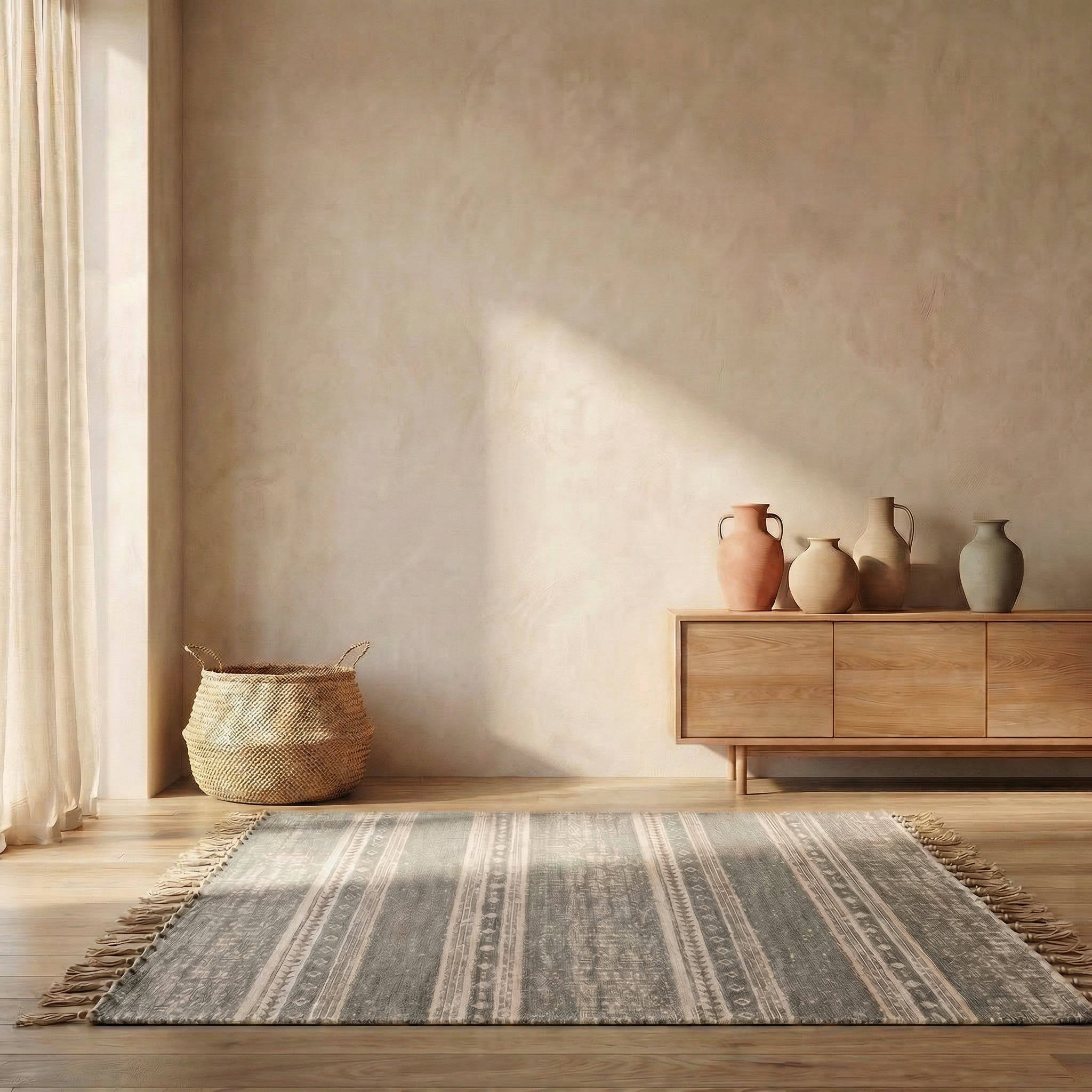 Large eco-friendly area rug with tassels in a modern boho living room setting
