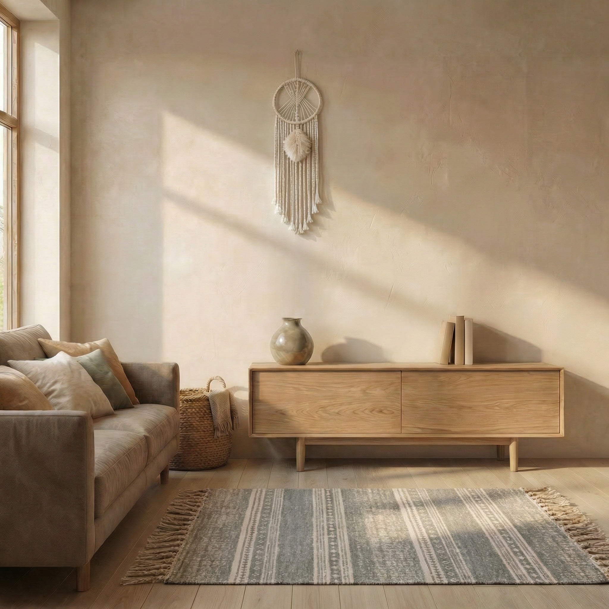 Large eco-friendly area rug with tassels in a modern boho living room setting
