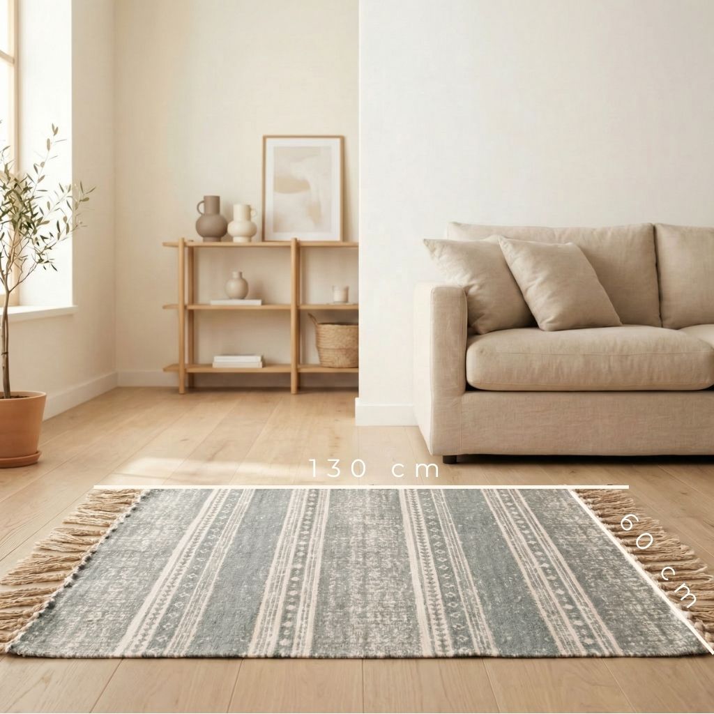 Large eco-friendly rug with tassels showing scale in a modern living room layout