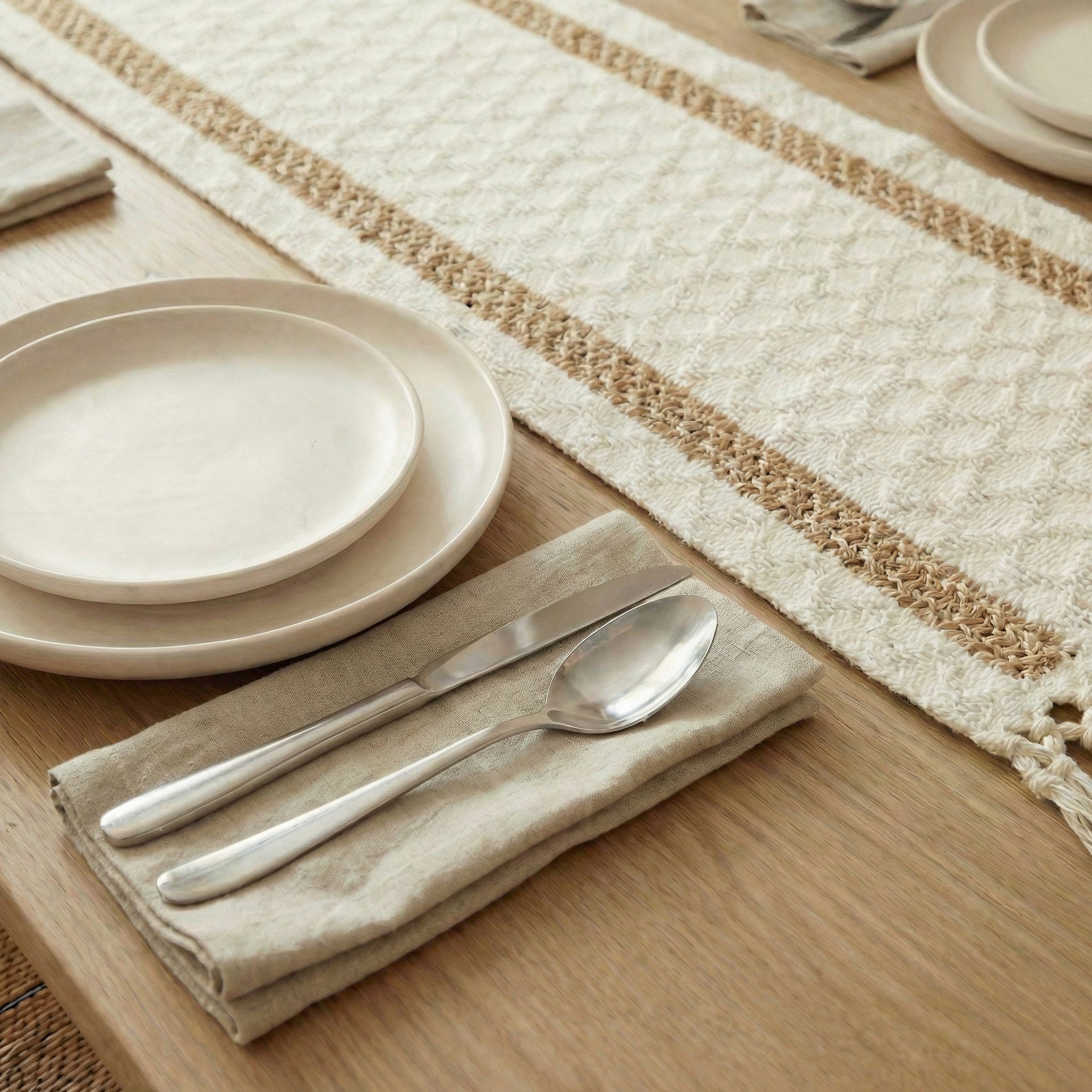 Close-up of the natural cotton and linen blend fabric showing a high-quality woven texture