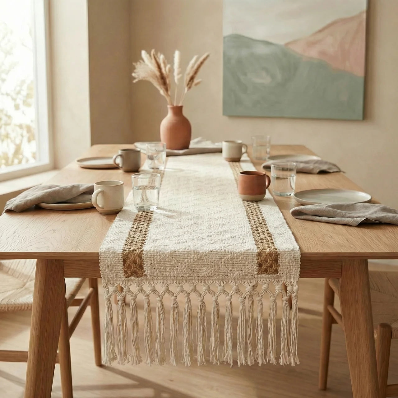 Front view of a natural cotton and linen table runner in a cozy, sunlit dining room