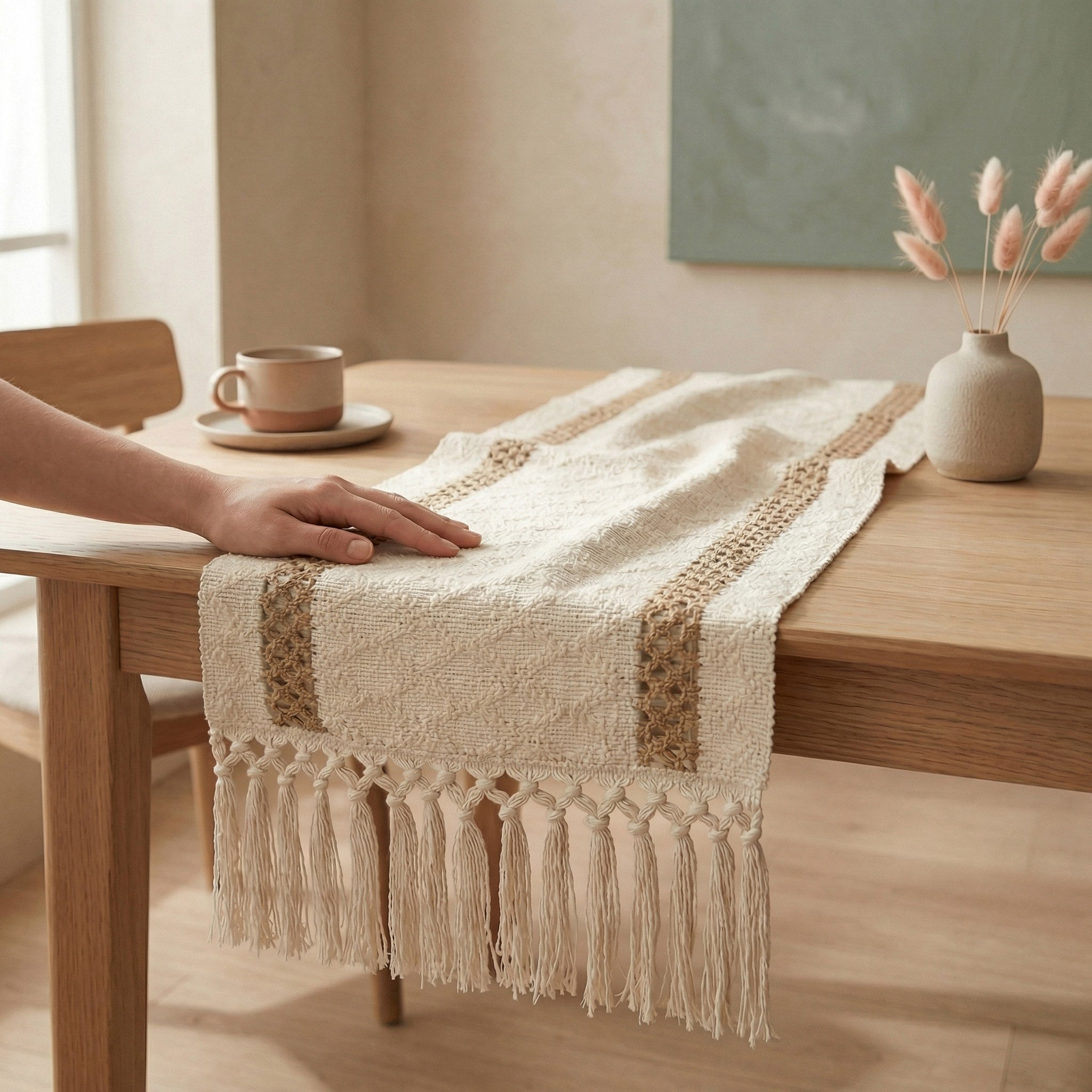 Woman's hand touching a natural cotton and linen table runner to show fabric softness
