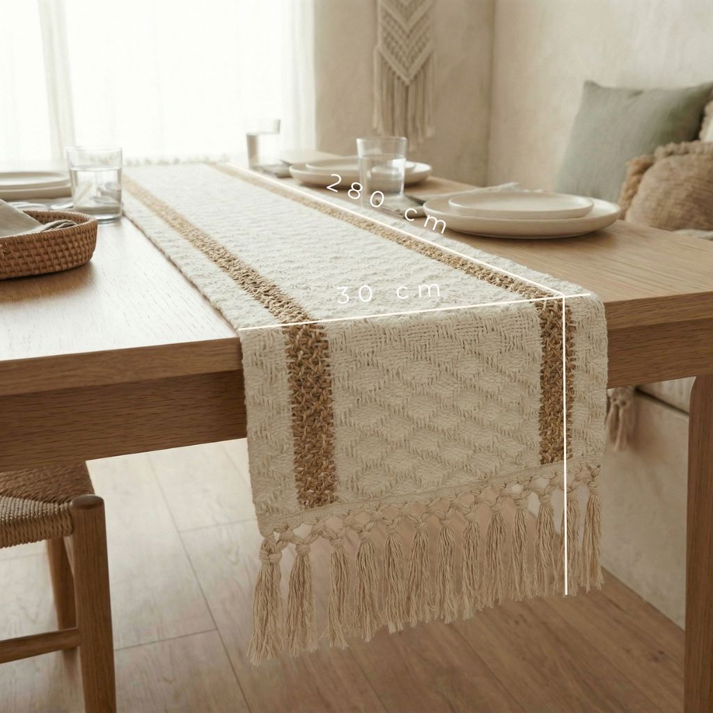 Full view of a cotton and linen table runner showing scale on a dining table